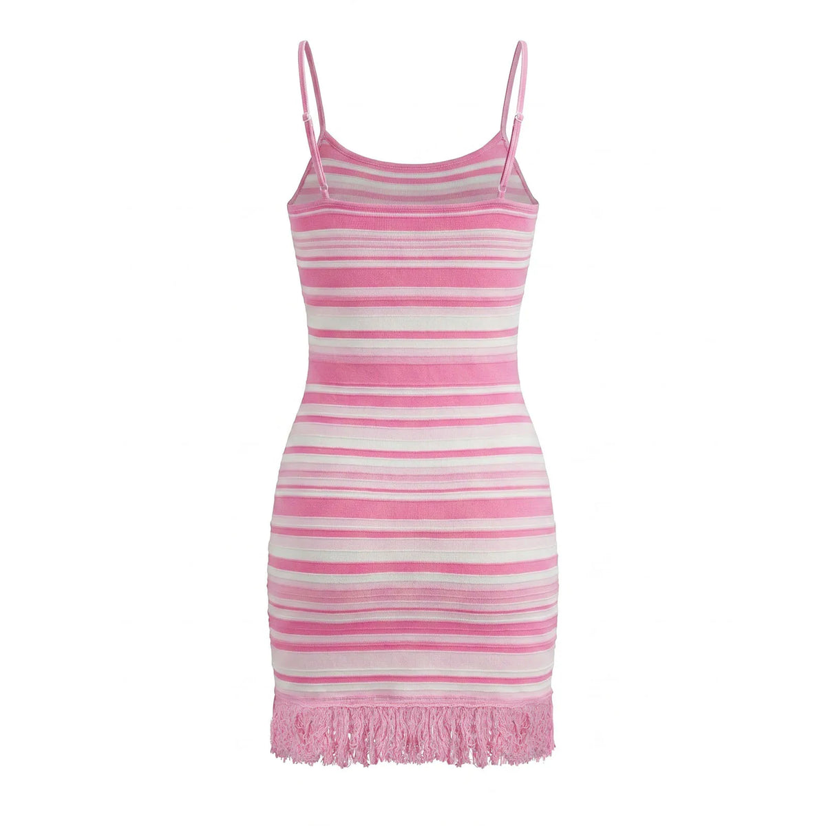 2026 Summer Women's Dress Bohemian Stylish Striped Knitted Tassel Hem Spaghetti Strap Bodycon Mini Dress Casual Beach