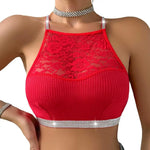 Women Vest Bra See-through Halter Neck Flower Backless Sports Style Knitted Elastic Crop Top Bra for Yoga Gym Running