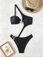 2026 Women's Sexy Black Cut-Out Bikini One Shoulder Metal Designer Backless Thong One-Piece Swimsuit Summer Swimsuit бикини