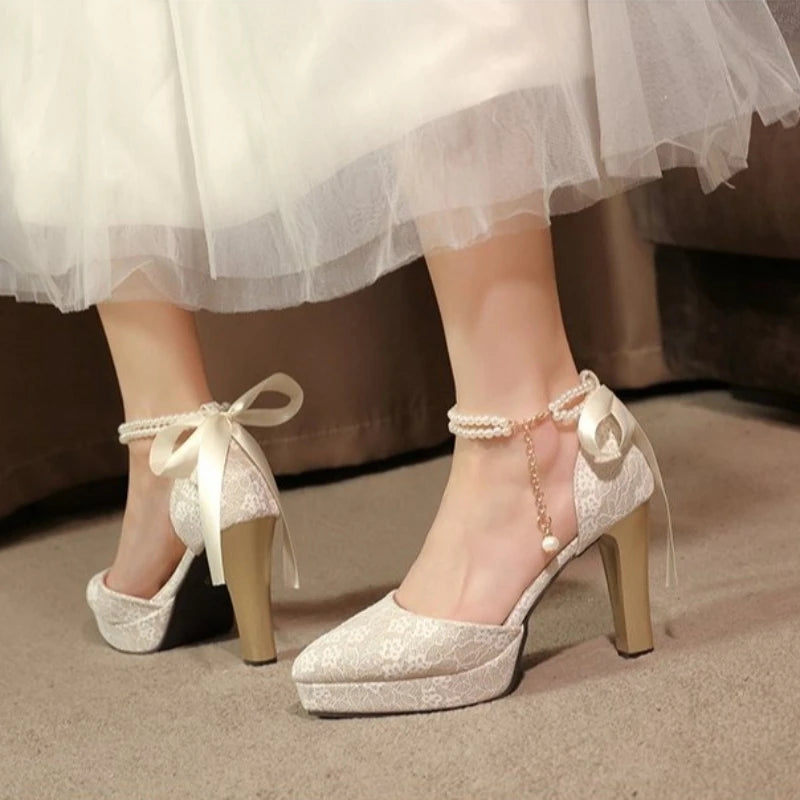 Ladies Shoes 2026 New Ankle Strap Women's High Heels Sandals Thick Heel Pumps Women Fashion String Bead Buckle Wedding Shoes