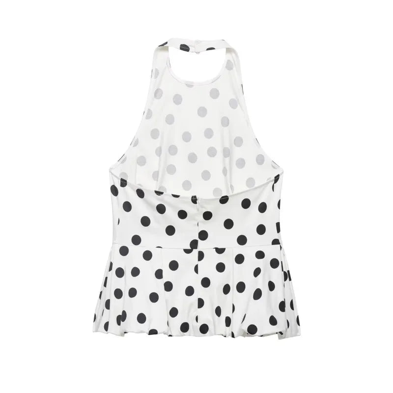 Women's Polka Dot Balloon Cut Halter Top Women Black White Polka Dot Halter Neck Ruffle Peplum Top Sleeveless Casual Blouse 5WUO