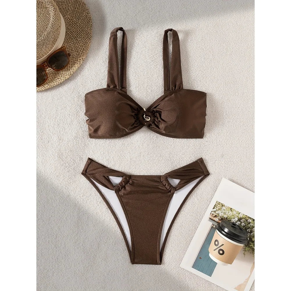 Sexy Brown Bikini 2025 Padded Bandeau Swimsuit Female Swimwear Women Thong Bikinis Set Bather Beachwear Bathing Suit Holiday