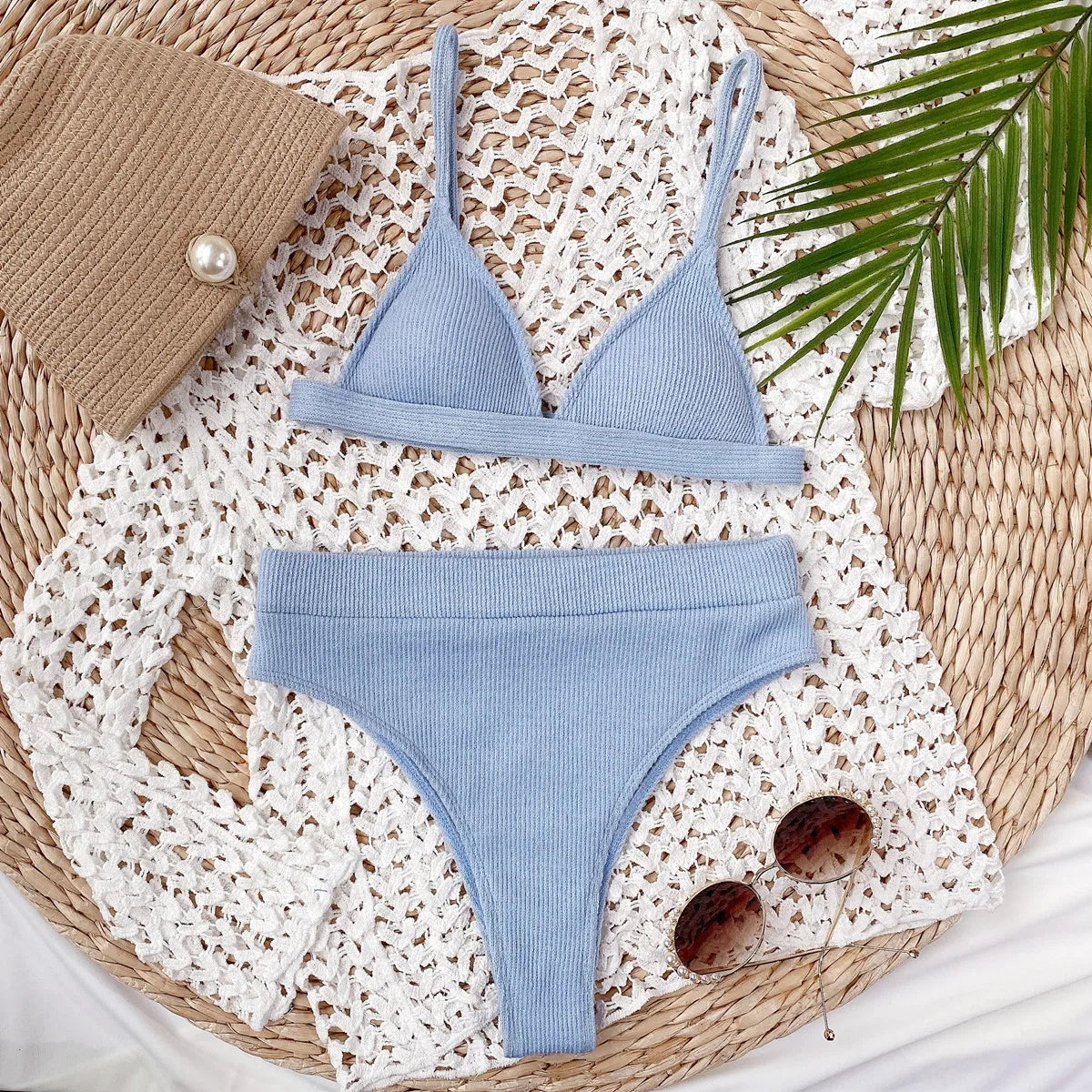 DEKA Brazilian Solid High-Waist Ribbed Bikini Sets V Neck Swimsuit Women Sexy Two Pieces Swimwear New Beach Bathing Suits Women
