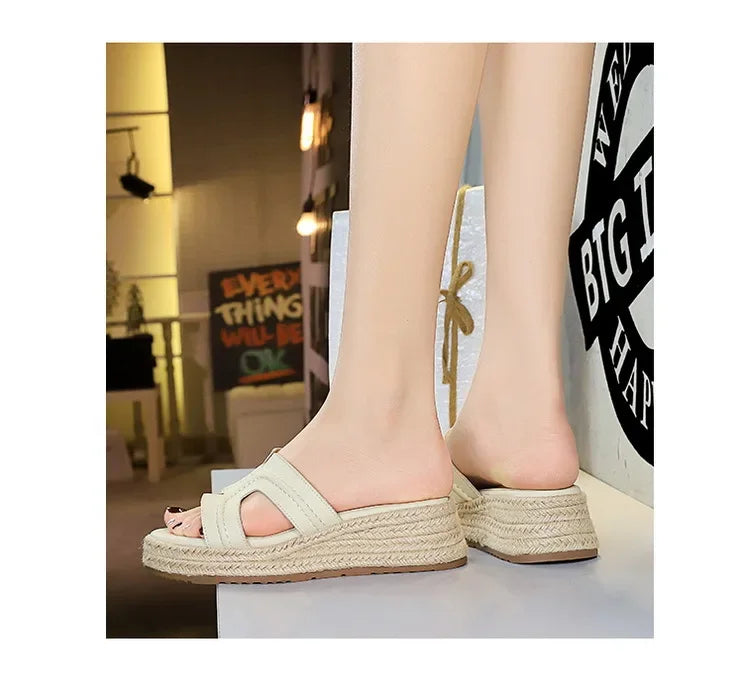 Spring 2025 Women's Slippers Hollow Out Strap Waterproof Thick Heel Woven Rope Country Style Slip-On Shoes Polyurethane Material