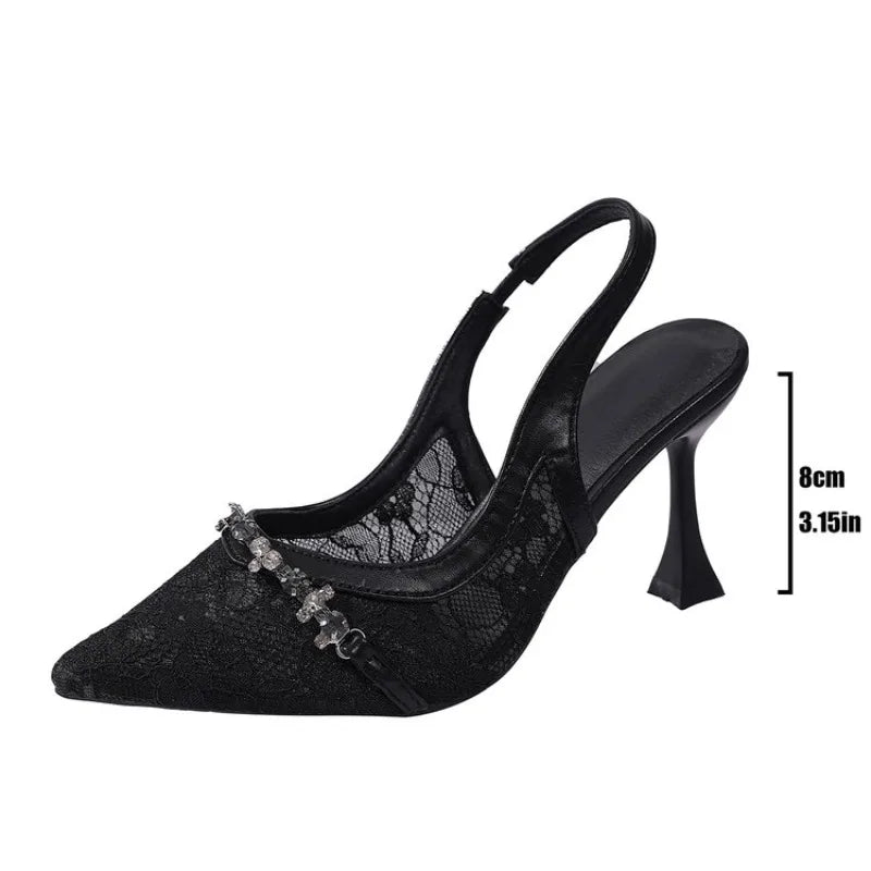 Elegant Embroidered Mesh High Heels for Women Sexy Pointed-toe Luxury Party Dress Shoes Sandals