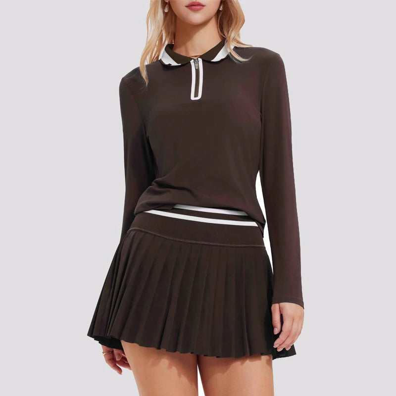 VITALINOVO Tennis Skirt Sets for Women Zipper Color Block Shirts High Waisted Golf Polo Two Piece Skirt Set Women 2 Piece Outfit