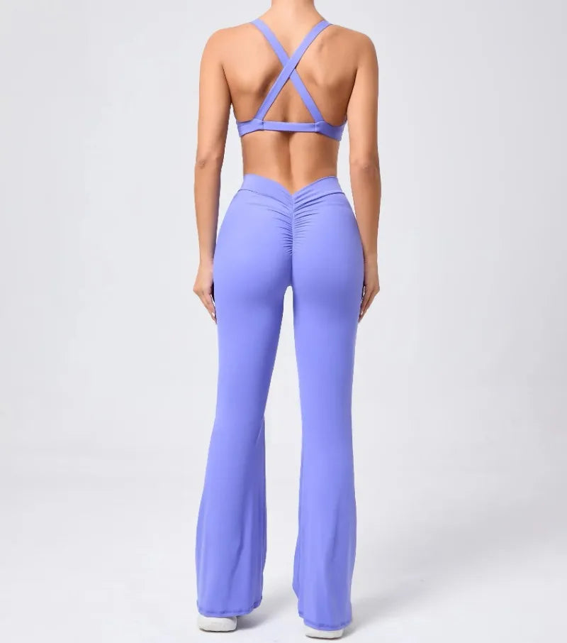 Women's Seamless Yoga Sets Brushed Fabric Flared Hip-Lifting Pants Cross Beauty Back Bra Suits Gym Workout Fitness Training Sets