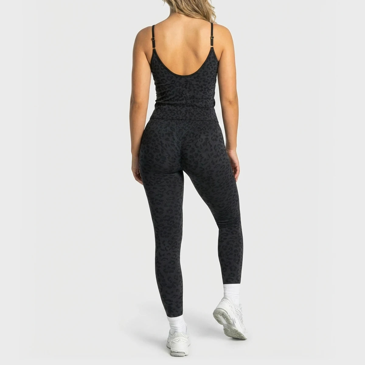 2Pcs Women Leopard Print Yoga Outfit Adjustable Strap Camisole Top High Waist Stretch Leggings Sports Pilates Workout Suit