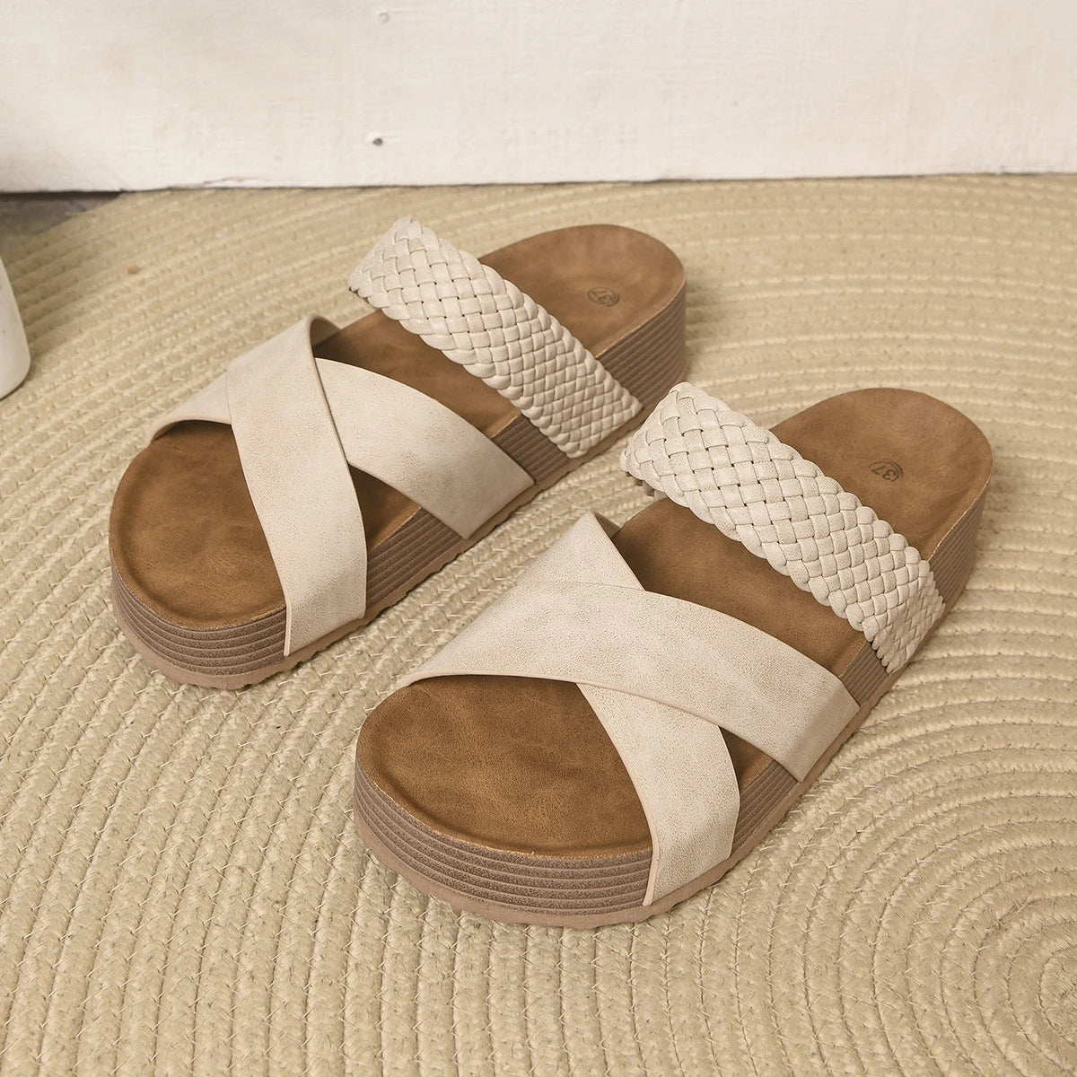 Women Woven Crisscross Wedge Slide Sandals Open Toe Platform Slip‑On Summer Casual Non‑Slip Comfort Beach Walking Slippers