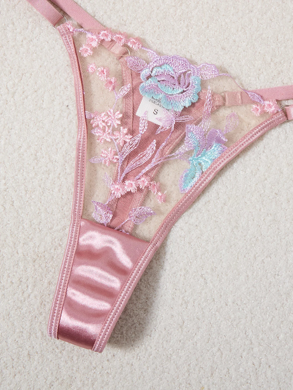 French Romantic Pink Satin Embroidered Lingerie Set Bra + Thong + Stockings Three-Piece Set