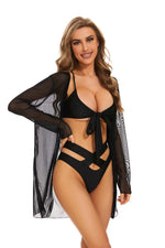 Women Bathing Suit 3 Piece Swimsuit Mesh Kimono High Waist Bikini Bandage Long Sleeve Beach Cover Up Swimwear Black Bikinis