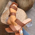Brown Woven Thick Heel Sandals Women Fashion Square Toe Transparent High Heeled Slippers Woman Plus Size 43 Slip On Party Shoes