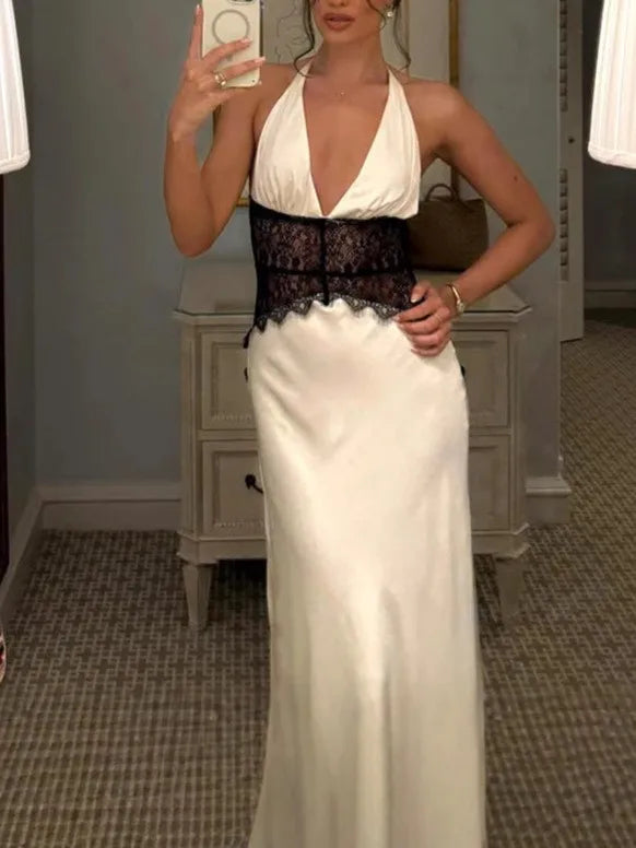 Summer Backless Sexy Long Dresses Women's Gown Patchwork Lace Halter V Neck Sleeveless High Waist Elegant Vestidos Para Mujer
