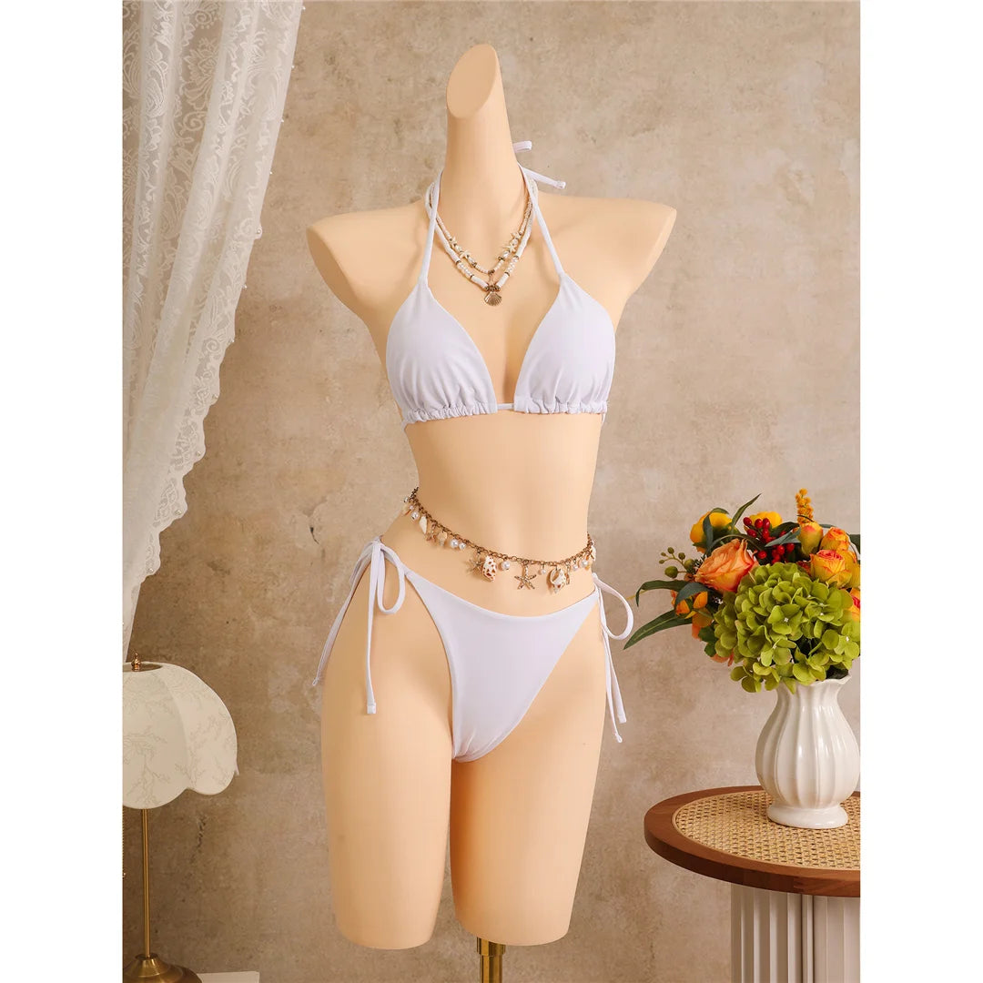 With Floral Dress Printed Halter Bikini Female Swimsuit Women Swimwear Three-pieces Bikini set Bather Bathing Suit Swim V8204
