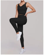 Fake Two Piece Tank Top Yoga Sets Women Lace V Neck Sports Vest Fitness Suit Hip Lifting High Waist Leggings Workout Clothes