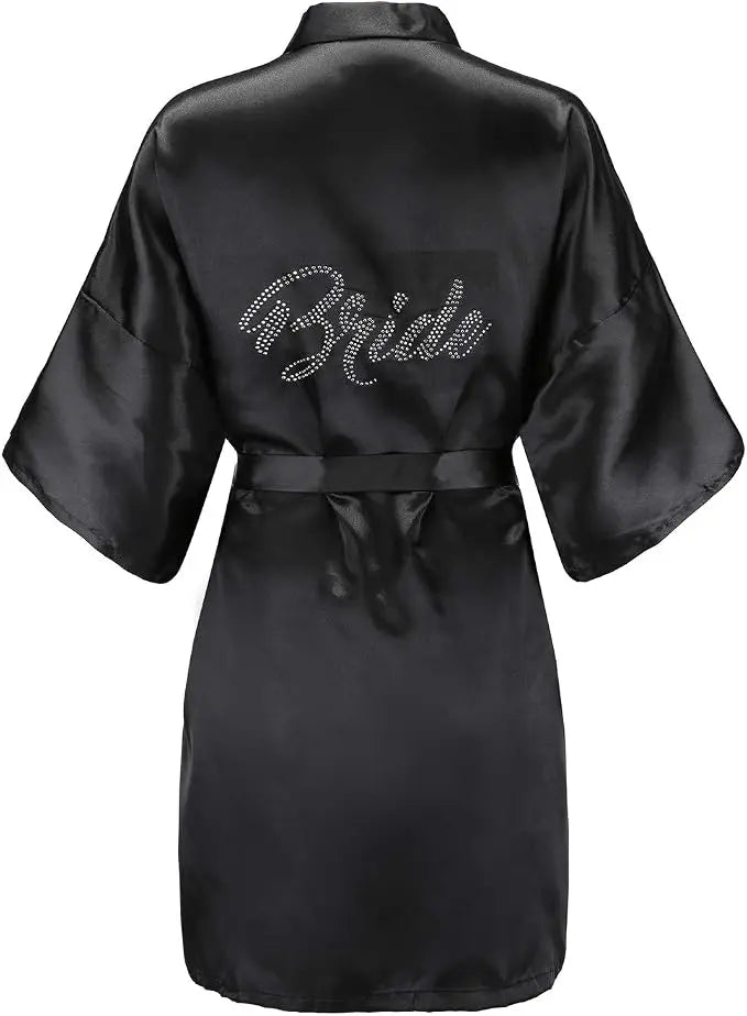 Women's Satin Kimono Robes with Rhinestones Bride Bridesmaid Short Getting Ready Wedding Dressing Gown