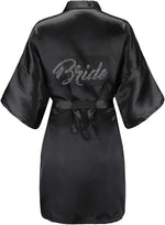 Women's Satin Kimono Robes with Rhinestones Bride Bridesmaid Short Getting Ready Wedding Dressing Gown