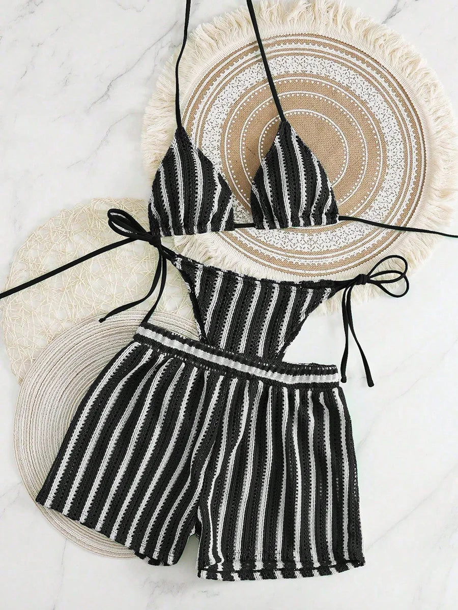 3PCS With Shorts Stripe Halter Fishnet Bikini Women Swimwear Female Swimsuit Three-pieces Bikini Set Bathing Suit Swim Beachwear