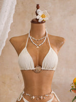 Sexy Mesh Cover Up 3 Piece Bikini Set 2026 Women White Metal Circle Push Up Bra Thong Swimwear Holiday Bathing Suit Swimsuit