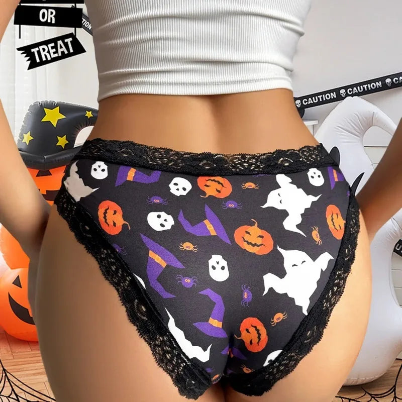 1 Pc Printed Lingerie for Women Sexy Lace Edge Wrapped Hip Underwear Halloween Themed Comfortable and Breathable Triangle Pants
