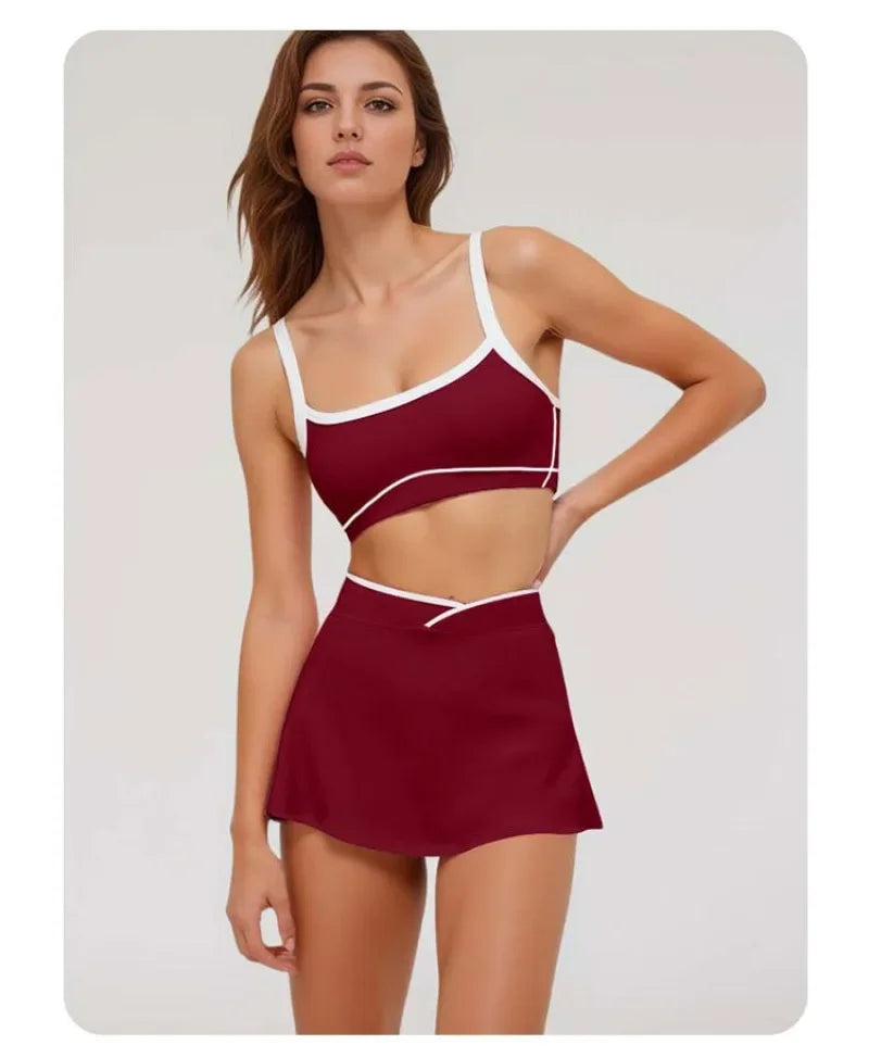 2 Pieces Women's Nude Yoga Set Bra Skirt Tracksuit Running Fitness Sports Set Slim Fit High Waist Beautiful Back Suit