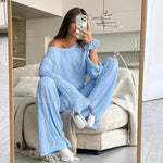 Women 2026 European Winter Knit Pajama Set Loose Comfortable Long Sleeve Pants Two Piece Ladies Homewear Sleepwear Loungewear