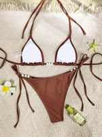 Sexy Coffee Bikini Set Women Pearls Strap Push Up Bandage Thong Swimsuit 2025 Brazilian Summer Bathing Suit Micro Swimwear
