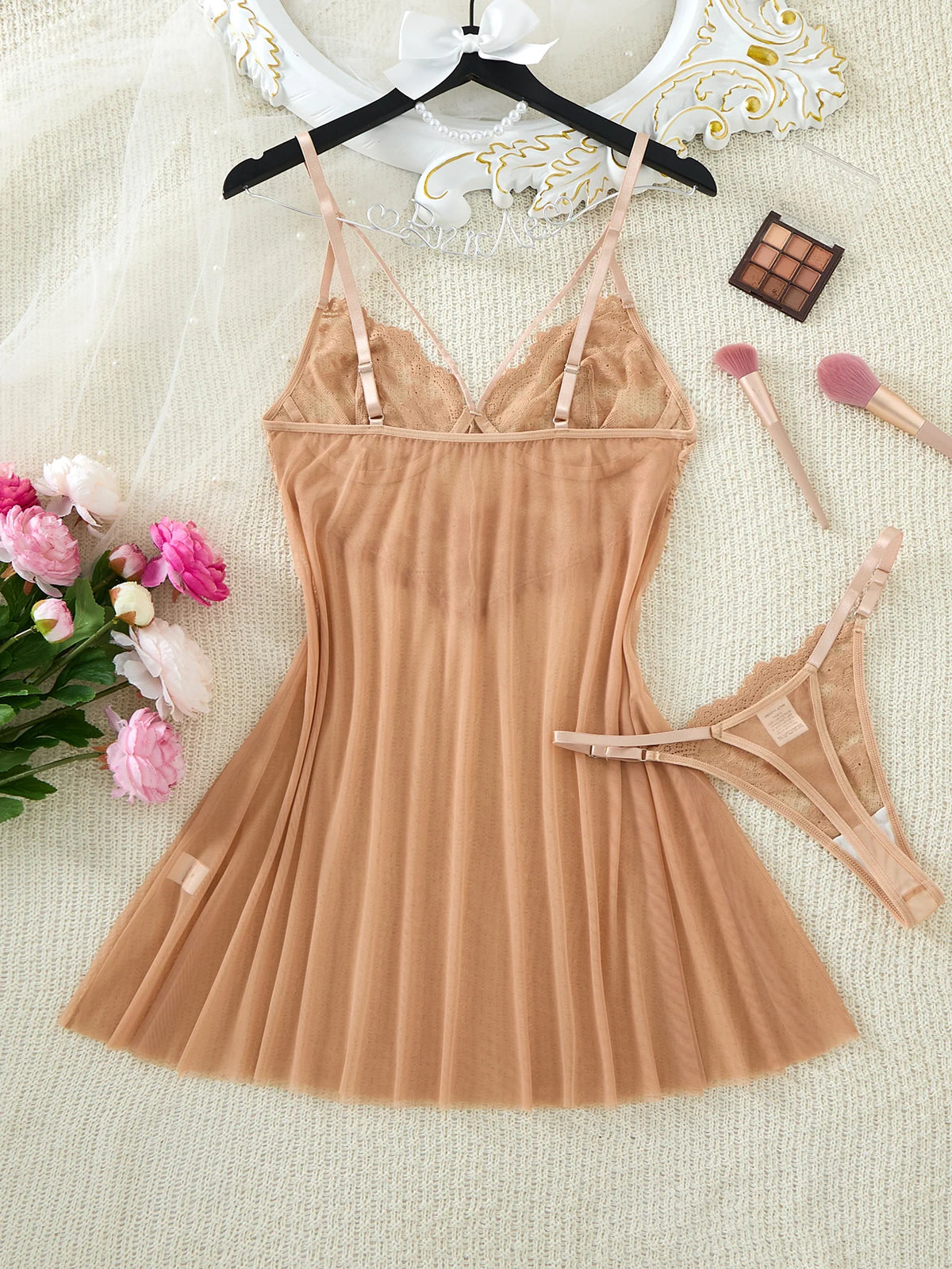 Champagne Daisy Floral Lace Sheer Mesh Babydoll Lingerie Set Slip Nightdress With Matching Thong Women Sexy Sleepwear ZA825096