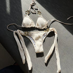 Sexy Metal Chain Thong Bikini 2025 Women White Black Cut Out Push Up Micro Swimsuit Beach Bathing Suit Tie Side Thong Swimwear