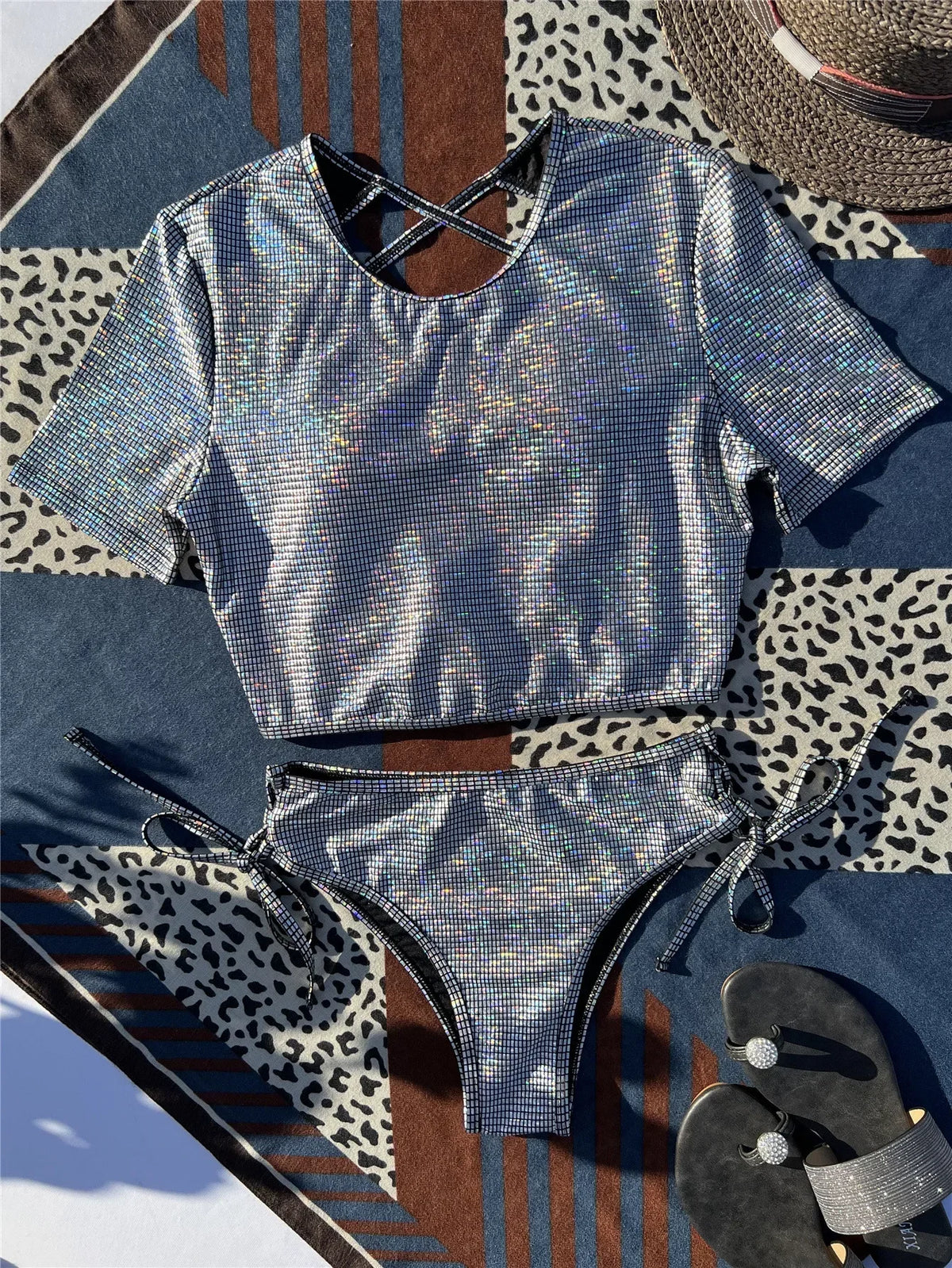 Sequin Silver Two Piece Bikini Women Short Sleeve Back Criss Cross Crop Top Swimsuit 2026 Bathing Suit Pleat High Waist Swimwear