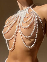 Luxury Pearls Chain Halter Hollow Out See Through Bikini Top Female Swimsuit Women Swimwear Bather Bathing Suit Swim Beach Top