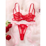 Romantic Honeymoon Lingerie for Women Red Mesh Heart Embroidery Sexy Transparent Underwear Half Cup Underwire Bra&Panty Set