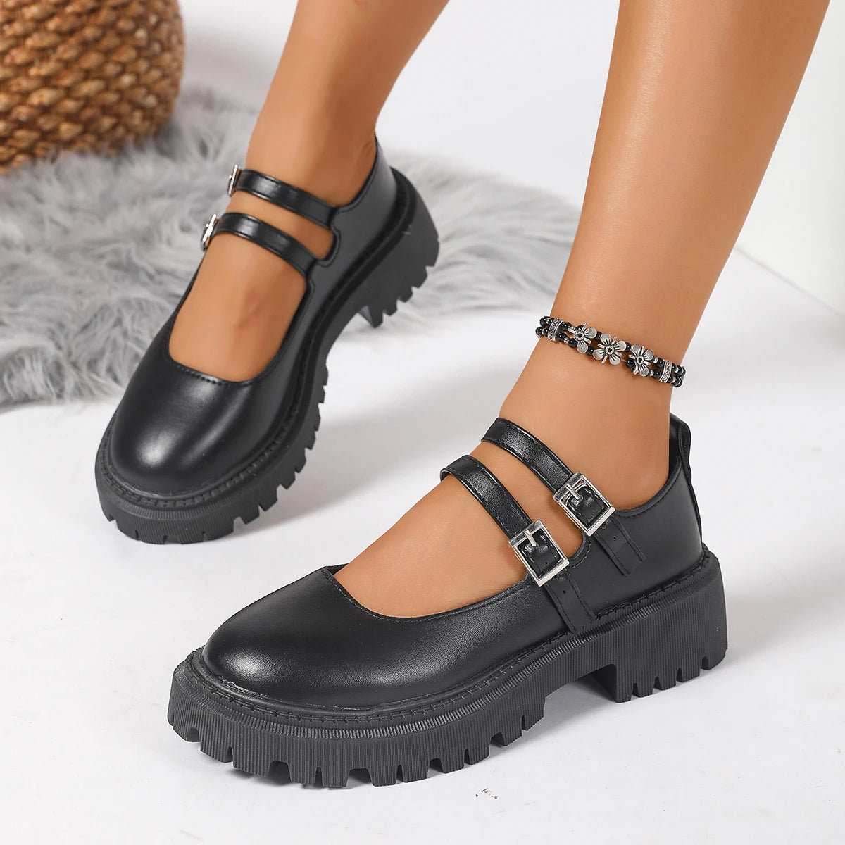 Women Double Strap Mary Janes Faux Leather Lug‑Sole Round‑Toe Vintage Preppy JK Platform Buckle Casual Daily Shoes