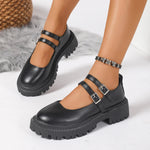 Women Double Strap Mary Janes Faux Leather Lug‑Sole Round‑Toe Vintage Preppy JK Platform Buckle Casual Daily Shoes
