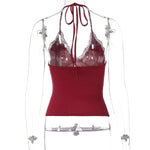 FDYOUI Woman Clothing Lace Patchhwork Camisoles Top Y2K Streetwear Sexy Halter Neck Bandage Cropped T-shirt Female Corset Tops