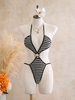 Sexy Black Stripe Knitted One Piece Swimwear Skirts Sets 2026 Women Metal Circle Hollow Out Backless Bathing Suit Thong Swimsuit