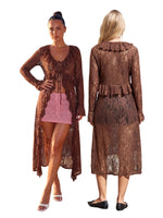 Women Casual Lightweight Floral Lace Ruffles Cover-ups Long Duster Summer Solid Color Tie Front Cardigan