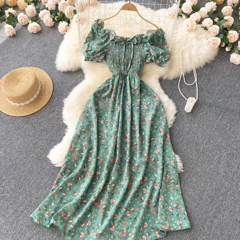 2025 Summer French Vintage Floral Dress Fashion Elegant High-Waisted Drawstring Vestidos Printed Fresh And Sweet Long Dresses