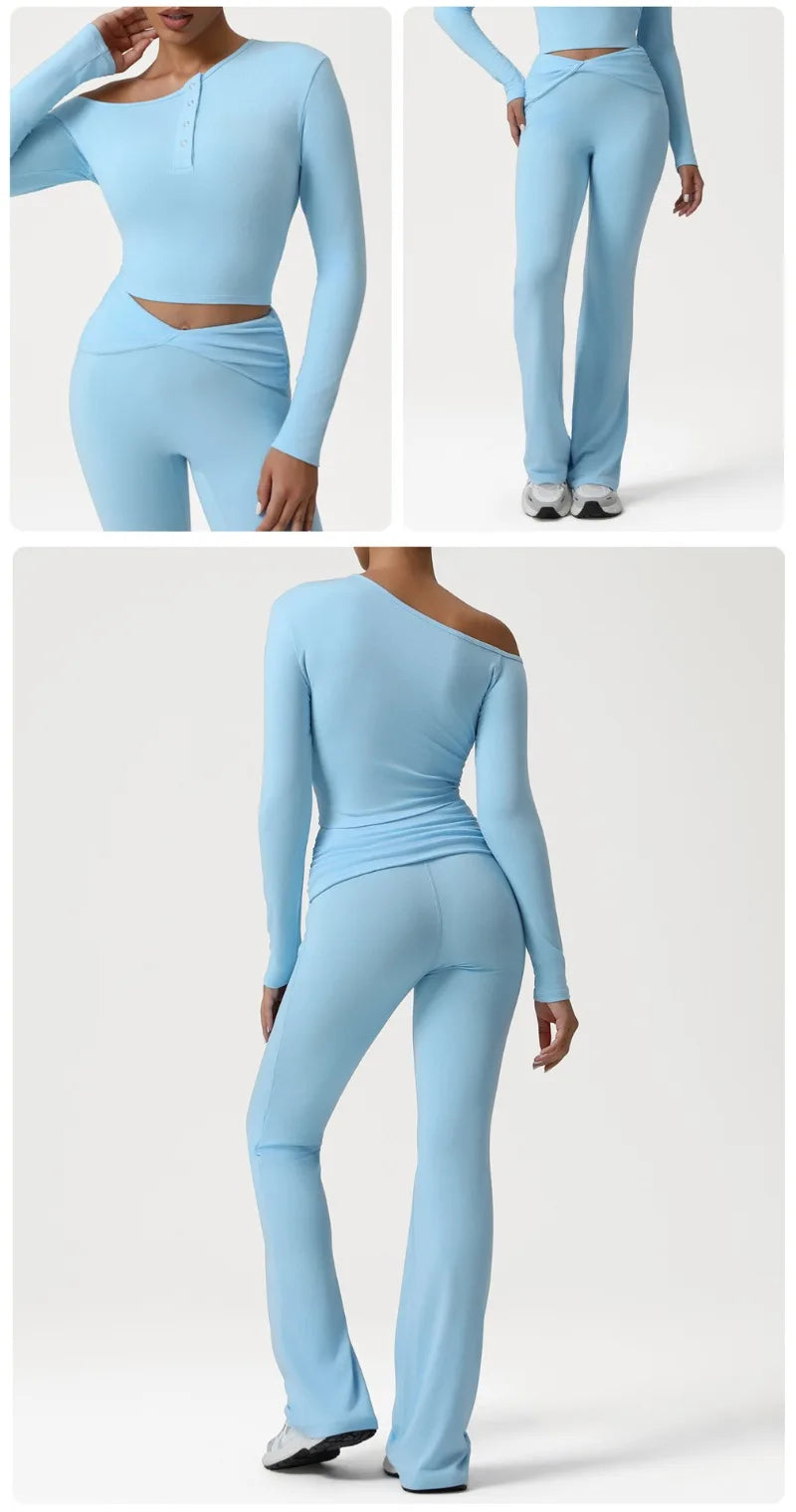2 Pieces Women's Seamless Yoga Set Long-sleeved Shirt Flared-pants Tracksuit Running Fitness Sports Set Slim-fit High Waist Suit