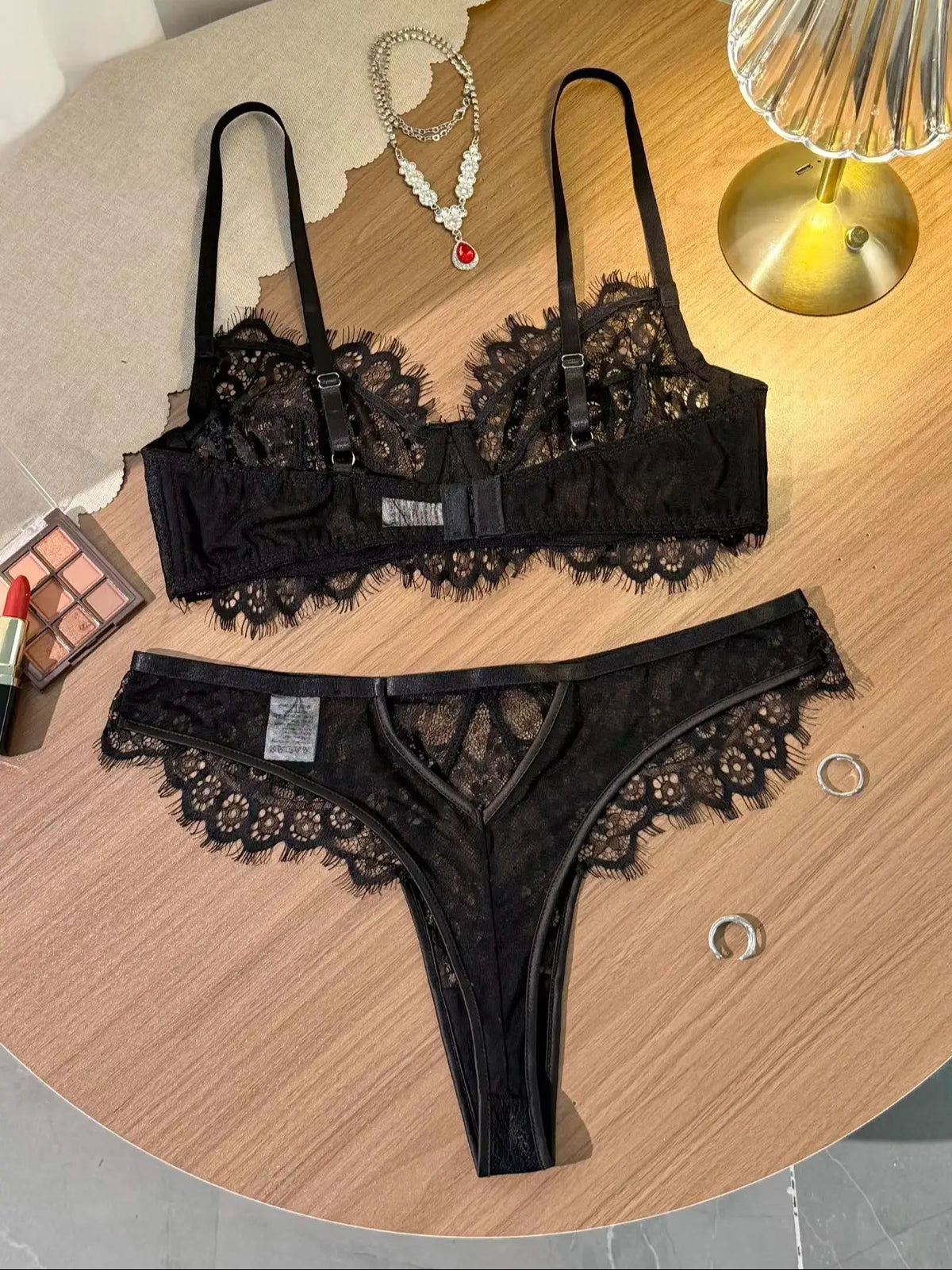Black Lace Bra and Panty Set – Sexy Sheer Mesh Push-Up Bralette with Scalloped Edges + Thong Lingerie – Romantic Valentine’s Day