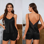 Summer Lace Satin Pajamas Set for Women Sexy Pajama Sets Backless Deep V Sleepwear Short Sleeve Cami Shorts Set