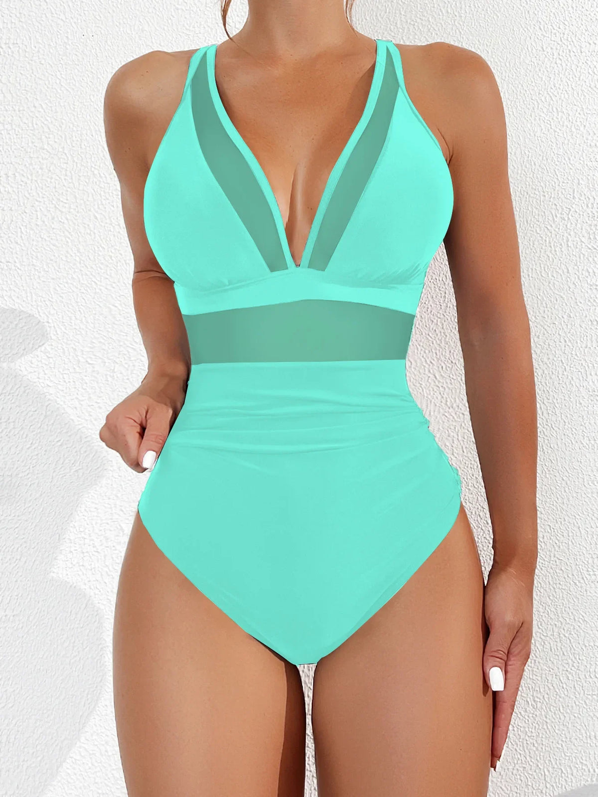Solid Color One Piece Bikini for Women,sexy Deep-V Neck Suspender Backless Swimsuit,high Waist Translucent Striped Mesh Swimwear