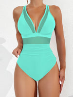 Solid Color One Piece Bikini for Women,sexy Deep-V Neck Suspender Backless Swimsuit,high Waist Translucent Striped Mesh Swimwear