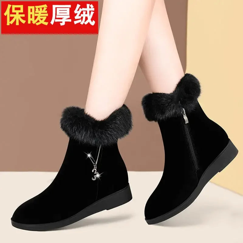 Plush Womens Boots Comfortable Hick-soled Fur Shoes Fashion Ladies Shoes Zipper Women Vulcanized Shoes Anti-slip Chaussure Femme