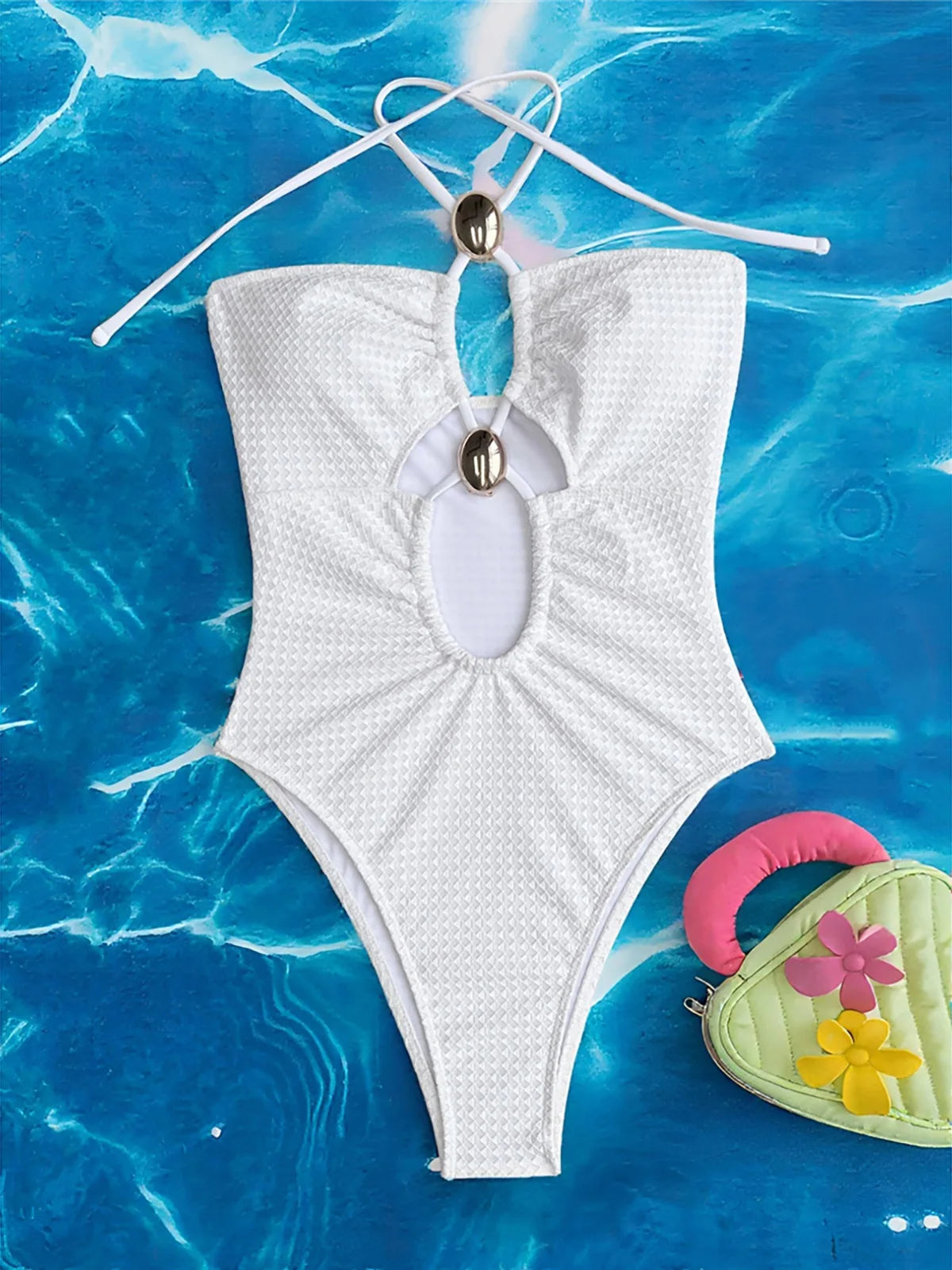 S - XL Cut Out Halter Metal Ring Women Swimwear One Piece Swimsuit Female High Cut Leg Monokini Bather Bathing Suit Swim K7062