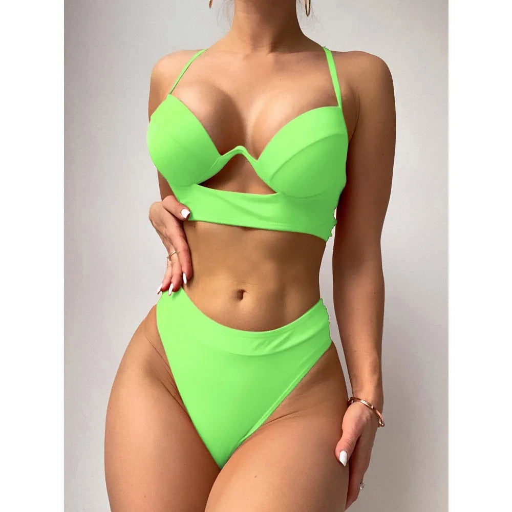 New Leopard Push Up Bikini 2026 Brazilian Biquini High Waist Thong Swimsuit Women Cut Out Bathing Suit Halter Swimwear Monokini