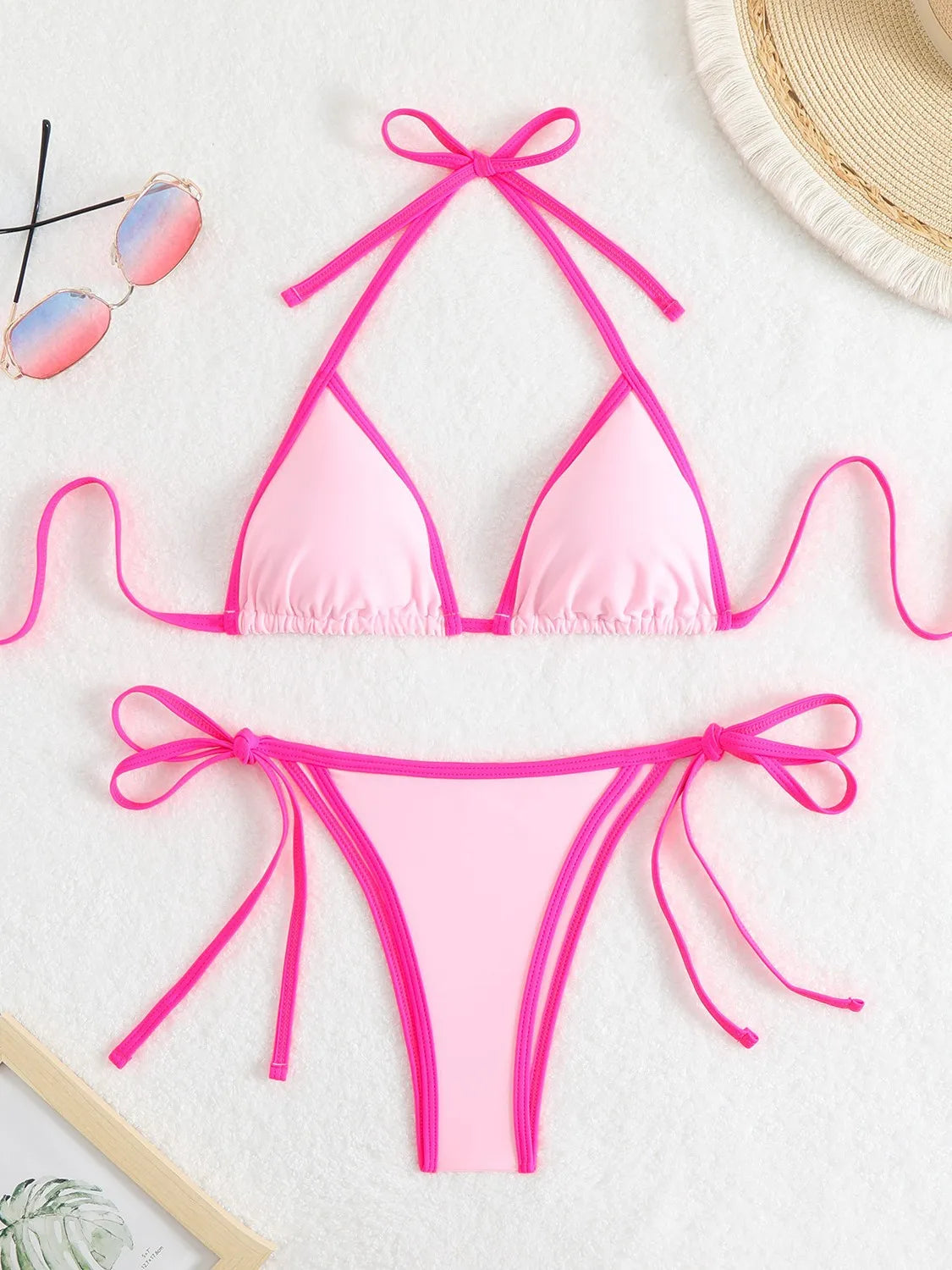 Sexy Micro Bikini 2025 Women Pink Blue Contrast Push Up Tie Side Thong Swimsuit Brazilian Beach Bandage Bathing Suit Swimwear