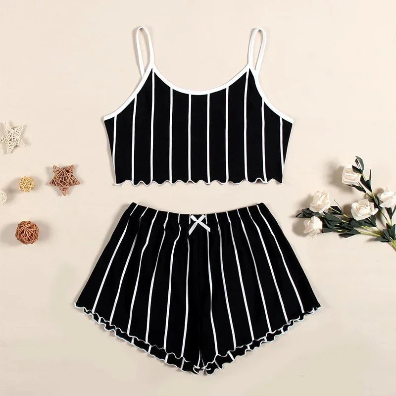 Summer Casual Pajamas Set for Women Sleepwear Sexy Lingerie Sleeveless Striped Tank Top Vest + Shorts Set Pijamas Homewear