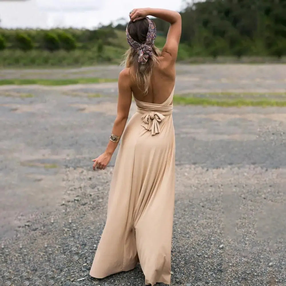 Women Dress Halter Sleeveless Backless Multiple Strap Design Party Dress Wedding Banquet Festival Long Dress