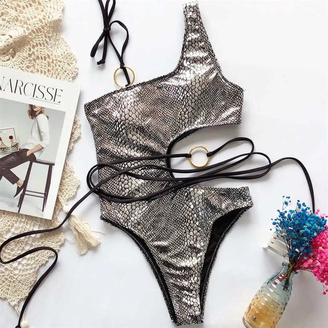 Sexy Snake Printed One Shoulder Wrap Around Cut Out Women Swimwear One Piece Swimsuit Female Bather Bathing Suit Swim V1892C